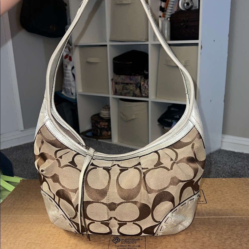 Coach Gold and Silver Monogram Hobo Y2K 2000s Pleated Shoulder Bag